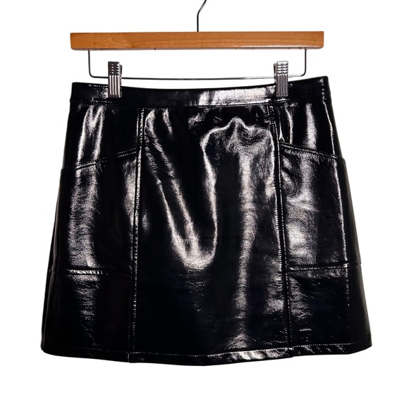 Dresses & Skirts - Faux Leather Mini Skirt Womens Medium Size 6-8 Black High Shine Pockets A-Line